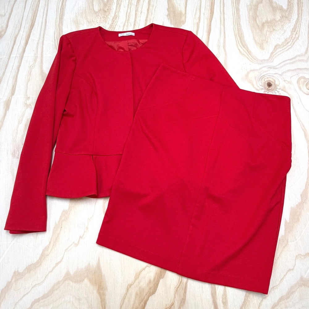 WDNY Red Peplum Skirt Suit Set Womens XL Collarless Blazer Pencil Skirt 2pc Y2K